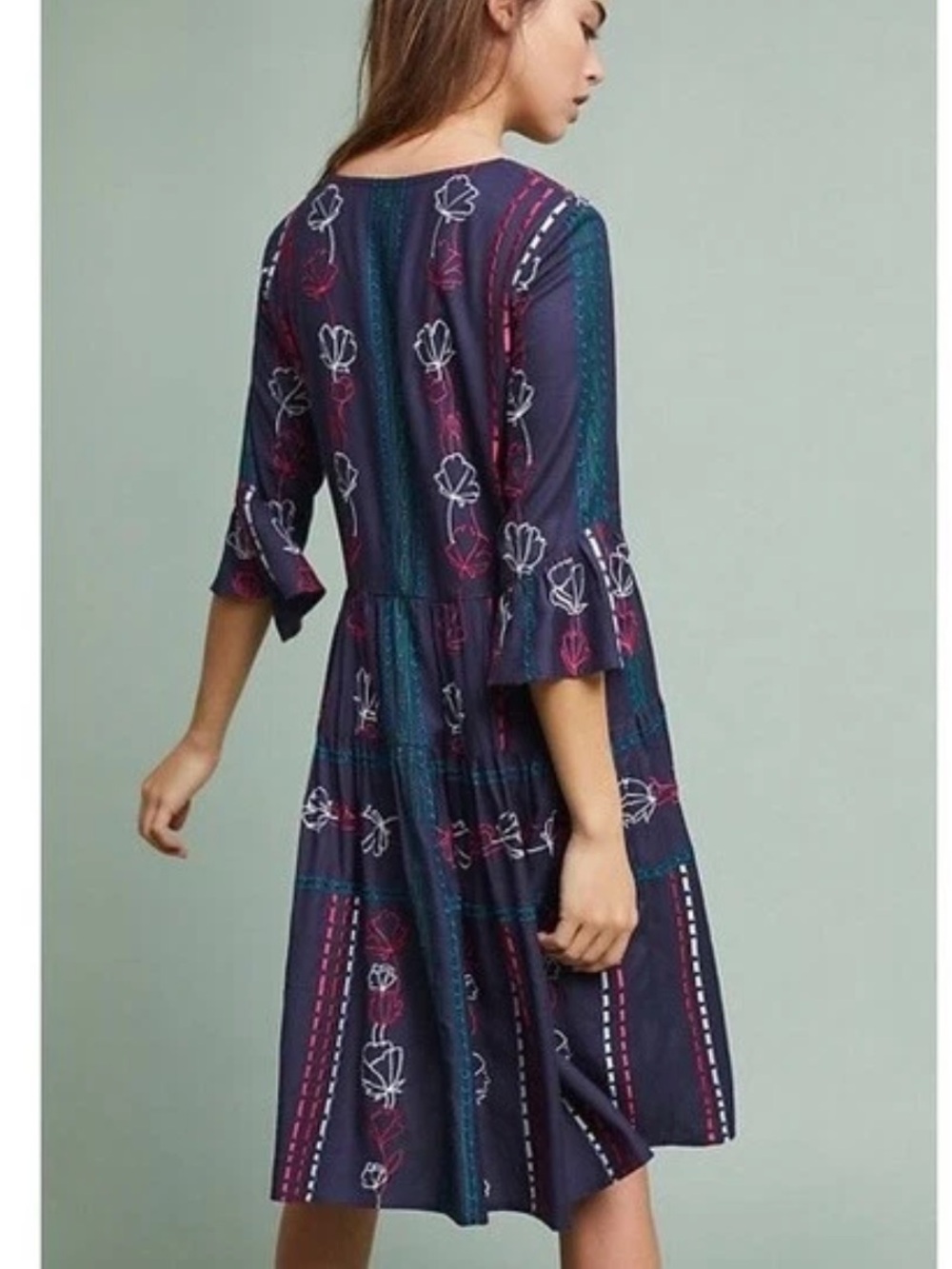 Anthropologie Akemi + Kin Navy Blue Embroidered Boho Floral Mini Dress Size 8 - Picture 3 of 12